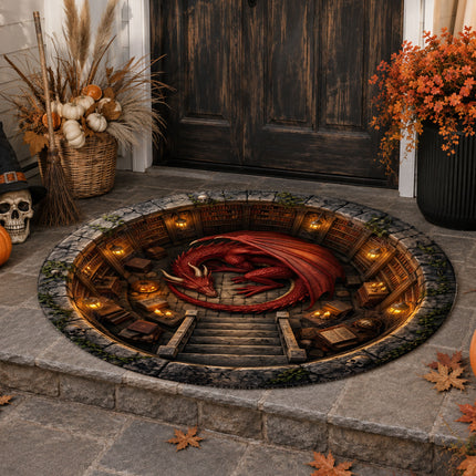 Halloween Round Rug Red Dragon Dungeon 3D Fantasy Doormat