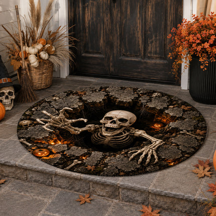 Halloween Skeleton Grave Pit Round Rug 3D Creepy Skull Doormat