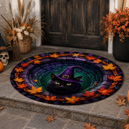 Halloween Round Rug Black Cat Witch 3D Illusion Doormat
