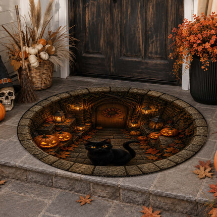 Halloween Round Rug Black Cat Pumpkin 3D Haunted Stairway Doormat