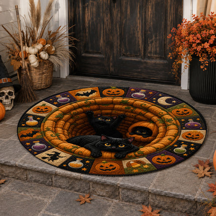 Halloween Round Rug Black Cat Pumpkin 3D Illusion Doormat