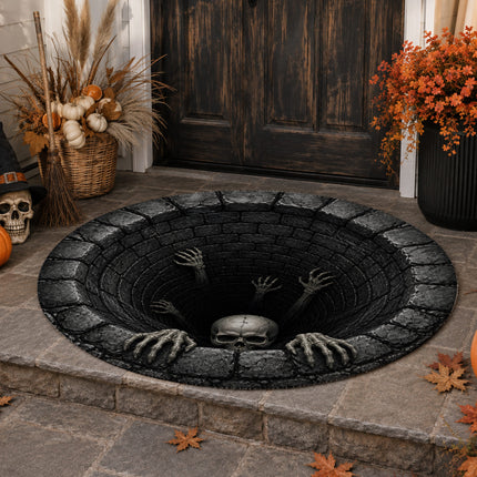 Halloween Round Rug Skeleton Well 3D Illusion Doormat
