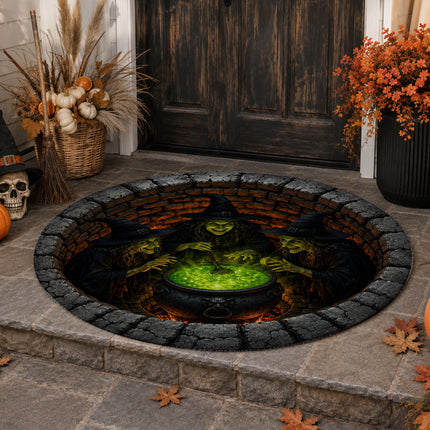Halloween Round Rug Witches Cauldron 3D Illusion Doormat