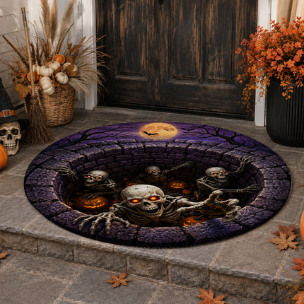 Halloween Round Rug Skeleton Grave 3D Illusion Doormat