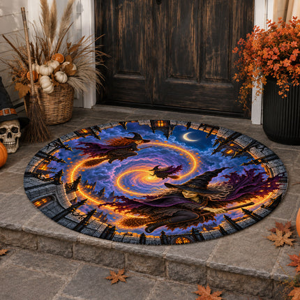 Halloween Flying Witch Portal Round Rug Haunted Castle Doormat