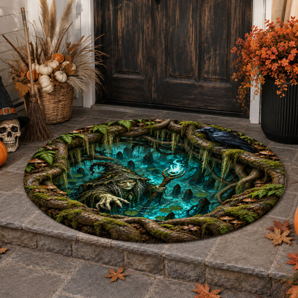 Halloween Swamp Witch Round Rug Haunted Forest Raven Doormat