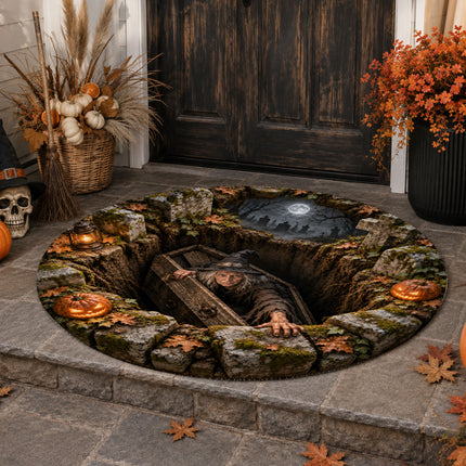 Halloween Witch Coffin Graveyard Round Rug Spooky Pumpkin Doormat