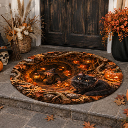 Halloween Black Cat Witch Cave Round Rug Pumpkin Doormat