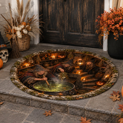Halloween Witch Cauldron Round Rug Spooky Potion Cellar Doormat