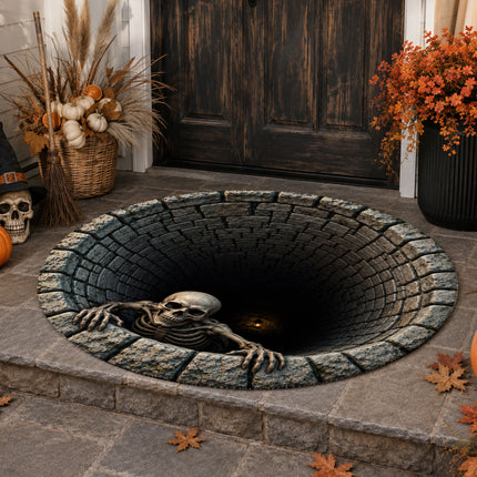 Halloween Round Rug Skeleton Well Spooky Doormat