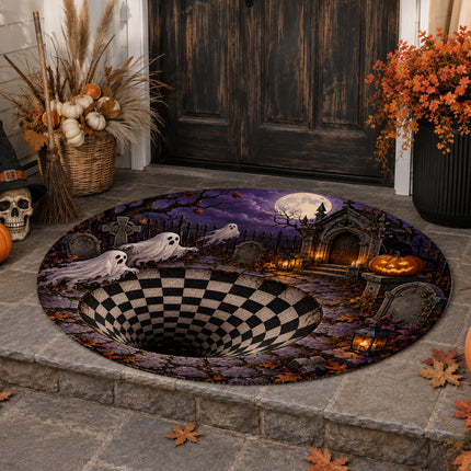 Halloween Round Rug Ghost Graveyard Moon 3D Illusion Doormat
