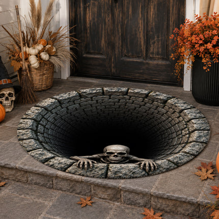 Halloween Round Rug Skeleton Stone Well 3D Illusion Doormat