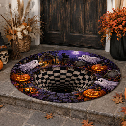 Halloween Round Rug Ghost Pumpkin Graveyard Illusion Doormat