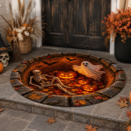 Halloween Round Rug Skeleton Ghost Pumpkin 3D Illusion Doormat