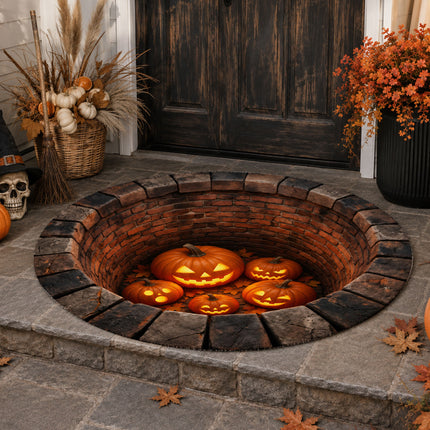 Halloween Round Rug Pumpkin Well 3D Illusion Doormat