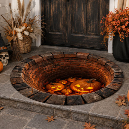 Halloween Round Rug Jack O Lantern Brick Well 3D Illusion Doormat