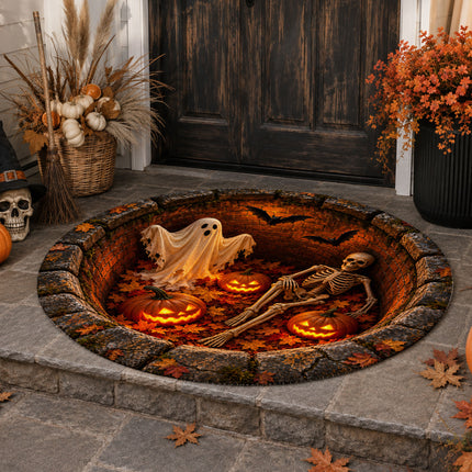 Halloween Round Rug Skeleton Ghost Pumpkin 3D Well Doormat