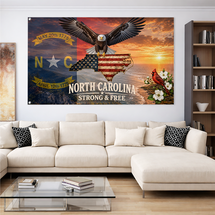 North Carolina Grommet Flag Strong And Free Eagle Cardinal