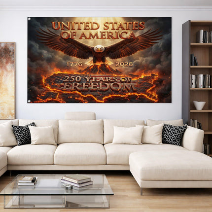 United States of America 250 Years of Freedom Fiery Map Eagle House Flag
