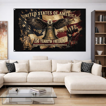 United States of America 250 Years of Freedom Never Stop Fighting Raised Fist House Flag