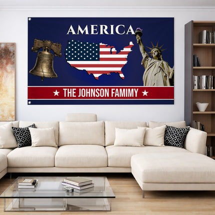 Personalized USA Map Liberty Bell American House Flag