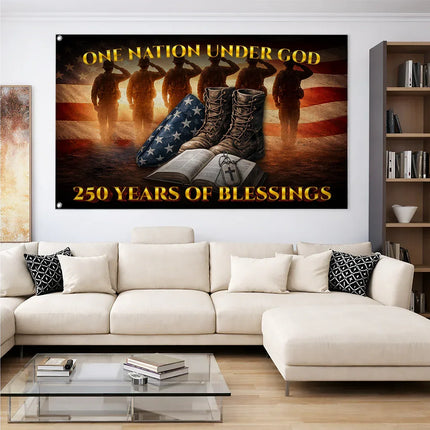 One Nation Under God Veteran Boots & Bible 250 Years House Flag
