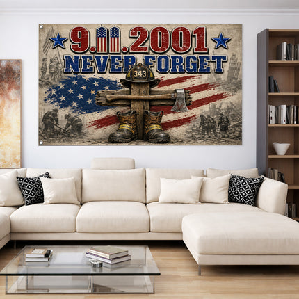 Patriot Day 25th Anniversary 343 Firefighter Cross Never Forget Grommet Flag