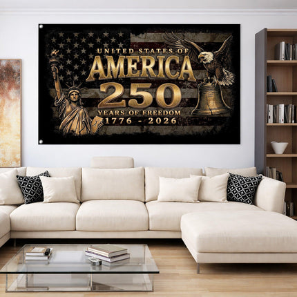 United States of America 250 Years of Freedom Vintage Gold Liberty Bell House Flag