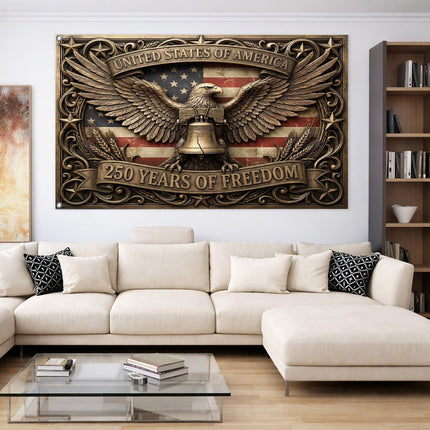 United States of America 250 Years of Freedom Ornate Bronze Eagle Liberty Bell House Flag