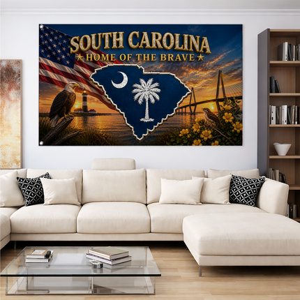 South Carolina Grommet Flag Home of the Brave Eagle Lighthouse
