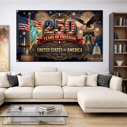 United States of America 250 Years of Freedom Liberty Bell Statue landmarks House Flag