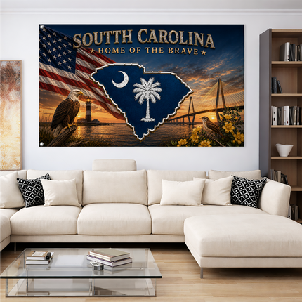 South Carolina Grommet Flag Home of the Brave Eagle Lighthouse