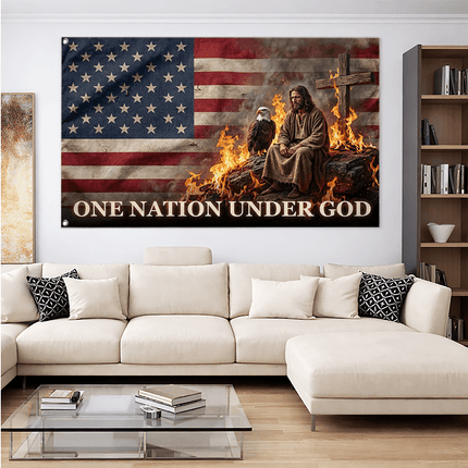One Nation Under God Fire Jesus Eagle Grommet Flag