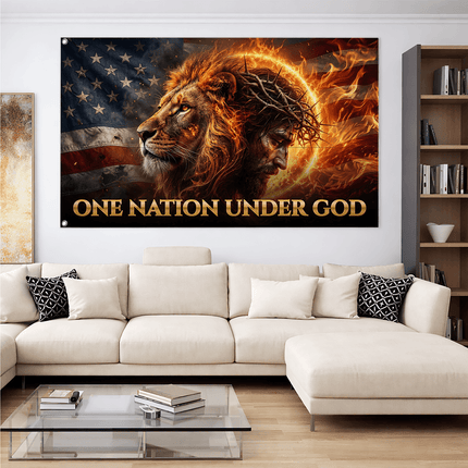 One Nation Under God Fiery Lion Jesus Flag