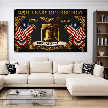 United States 250 Years of Freedom Birth of a Nation Gold Liberty Bell House Flag