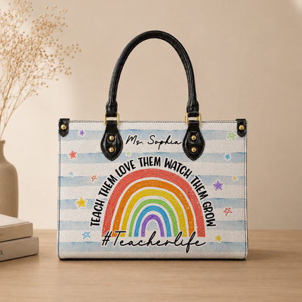 Personalized Teacher Leather Handbag Rainbow Watch Them Grow