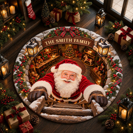Personalized Santa Workshop Christmas Round Doormat Cozy Family Welcome Rug