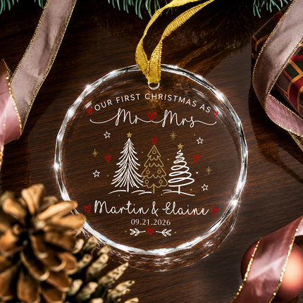 Personalized First Christmas Together Line Art Christmas Trees Couple Glass Ornament