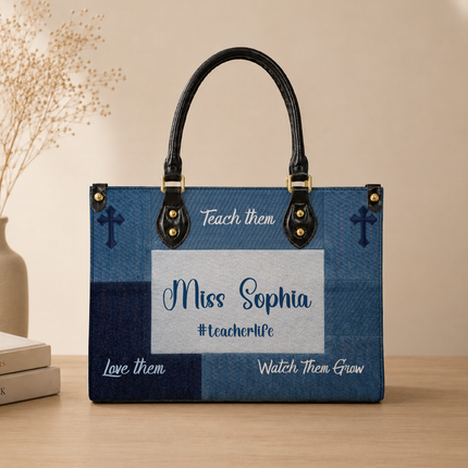 Personalized Teacher Leather Handbag Denim Floral Tiny Humans