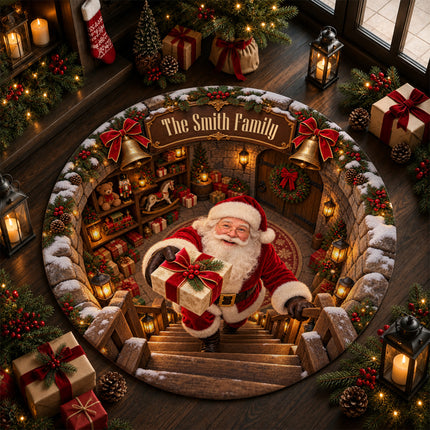 Personalized Santa Gift Delivery Christmas Round Doormat Cozy Family Name Rug