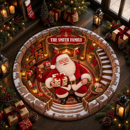 Personalized Santa Christmas Round Doormat Cozy Fireplace Family Name Rug
