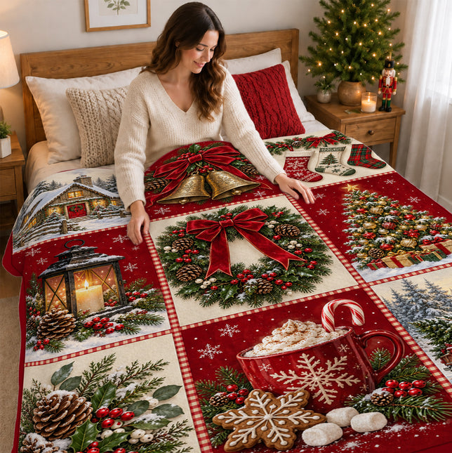 Christmas Patchwork Fleece Blanket Cozy Vintage Holiday Decor