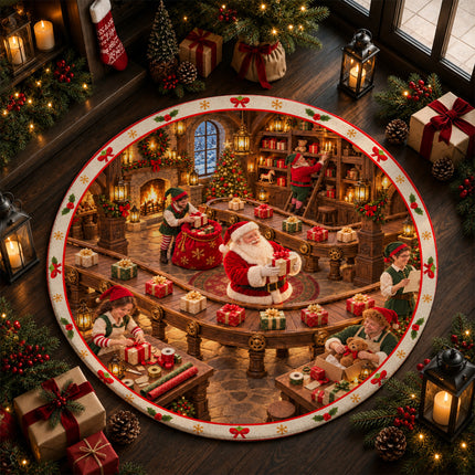Christmas Gift Wrapping Round Rug Santa Workshop Doormat