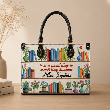 Personalized Teacher Leather Handbag Bookshelf Plants Tiny Humans