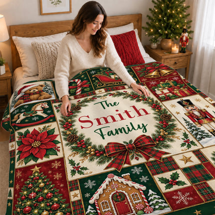 Personalized Family Christmas Fleece Blanket Custom Last Name Holiday Patchwork
