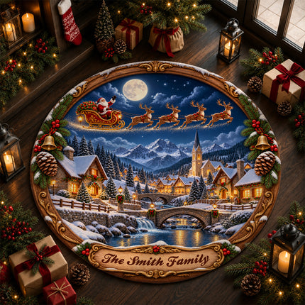 Personalized Christmas Village Round Doormat Santa Sleigh Moonlit Family Name Rug