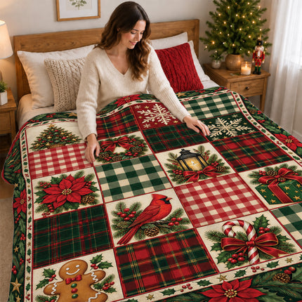Christmas Patchwork Fleece Blanket Vintage Plaid Cardinal Poinsettia