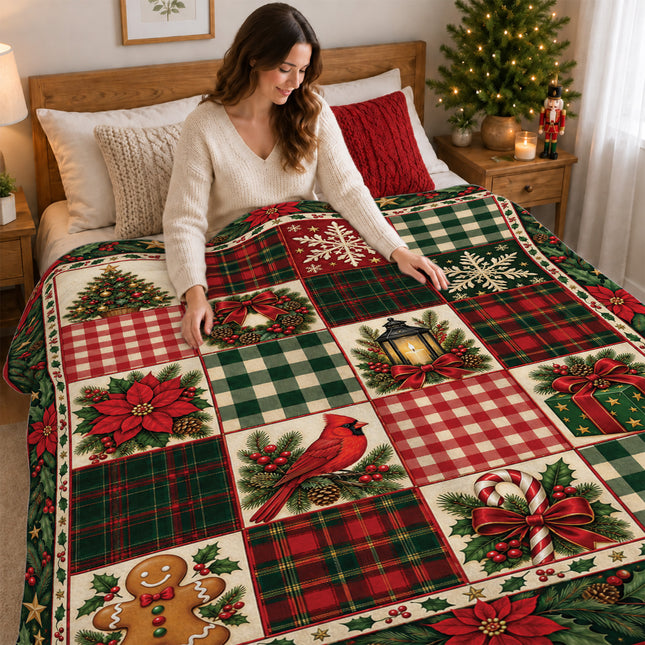 Christmas Patchwork Fleece Blanket Vintage Plaid Cardinal Poinsettia