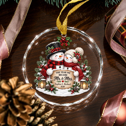 Personalized Newlywed Snowman First Christmas Glass Ornament