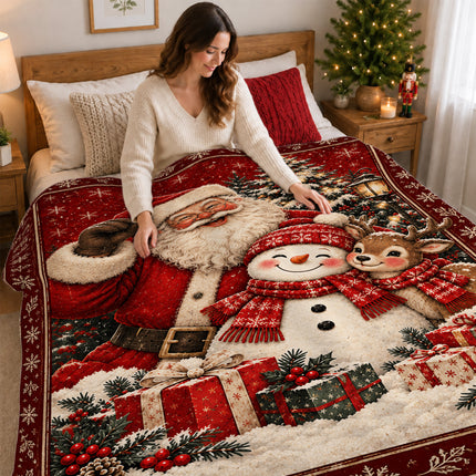 Santa Snowman Reindeer Christmas Fleece Blanket Cozy Holiday Wishes